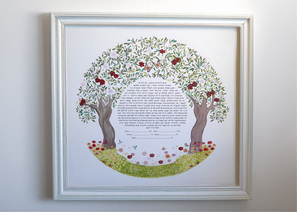 Double Trees Garden Blossom Handpainted Custom Ketubah