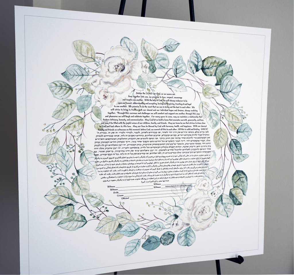 Floral Weath handpainted Ketubah featuring white Roses