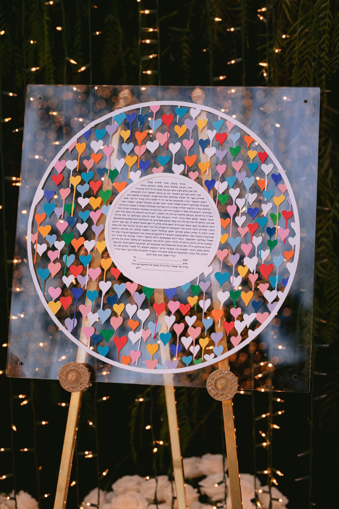 Colorful Hearts Painted Papercut Ketubah in Plexiglass Frame