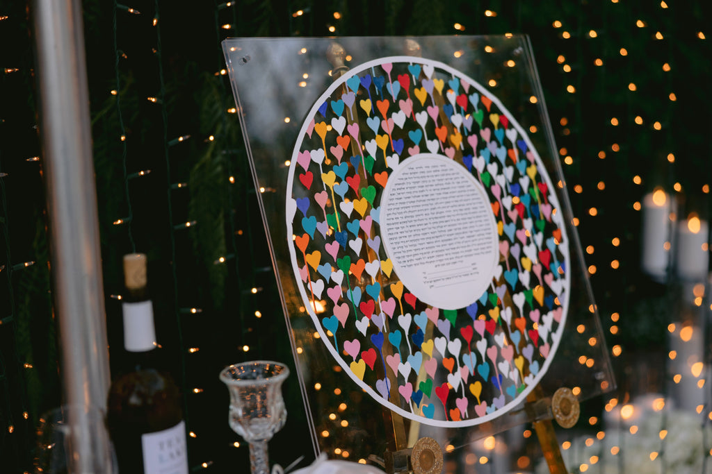 Colorful Hearts Painted Papercut Ketubah in Plexiglass Frame