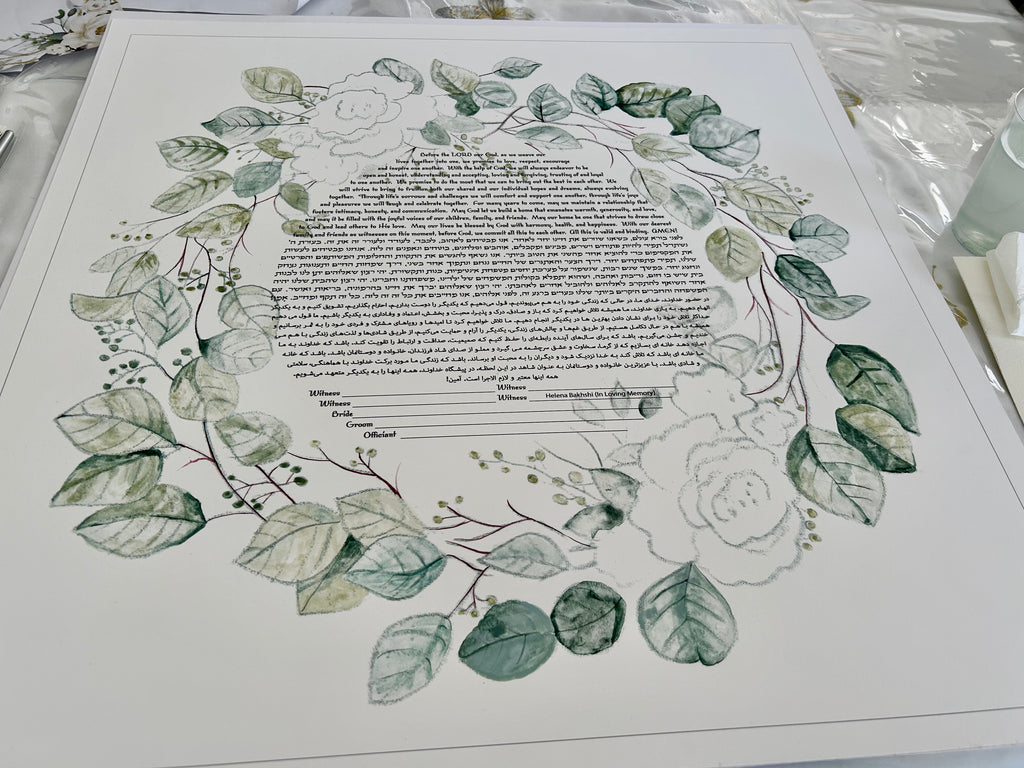 Floral Weath handpainted Ketubah featuring white Roses