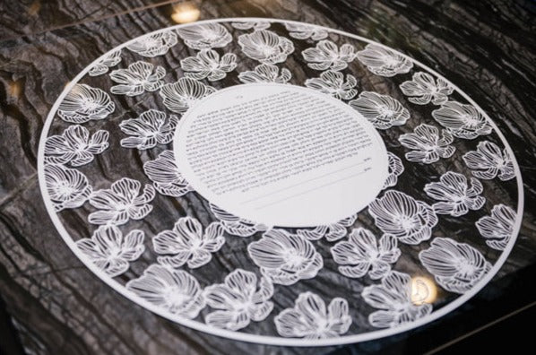 Tulips Bloom Lace Papercut Ketubah in Plexiglass Frame