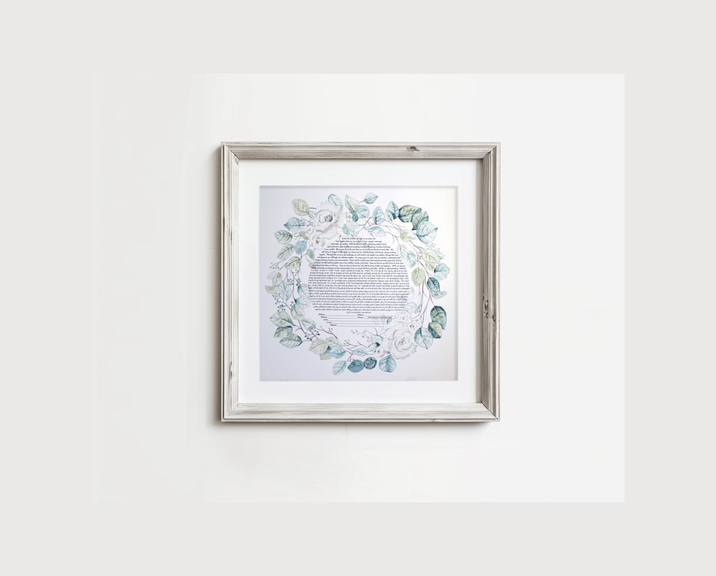 Floral Weath handpainted Ketubah featuring white Roses