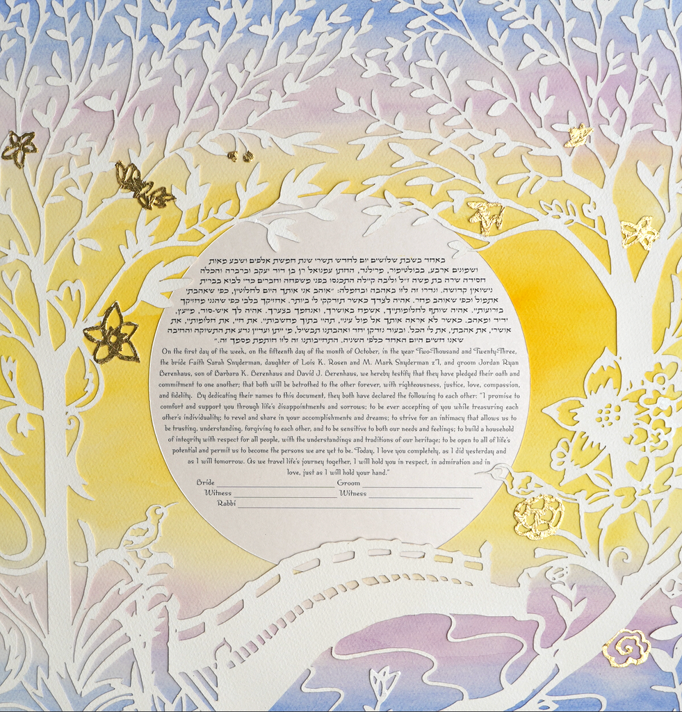 Ecosystem of Love Rainforest Bridge - Papercut Ketubah featuring sunset background