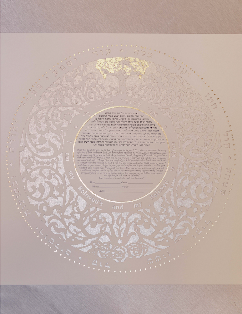 Garden Flow - Papercut Ketubah Featuring pearlescent backgrounds with gold foil accents